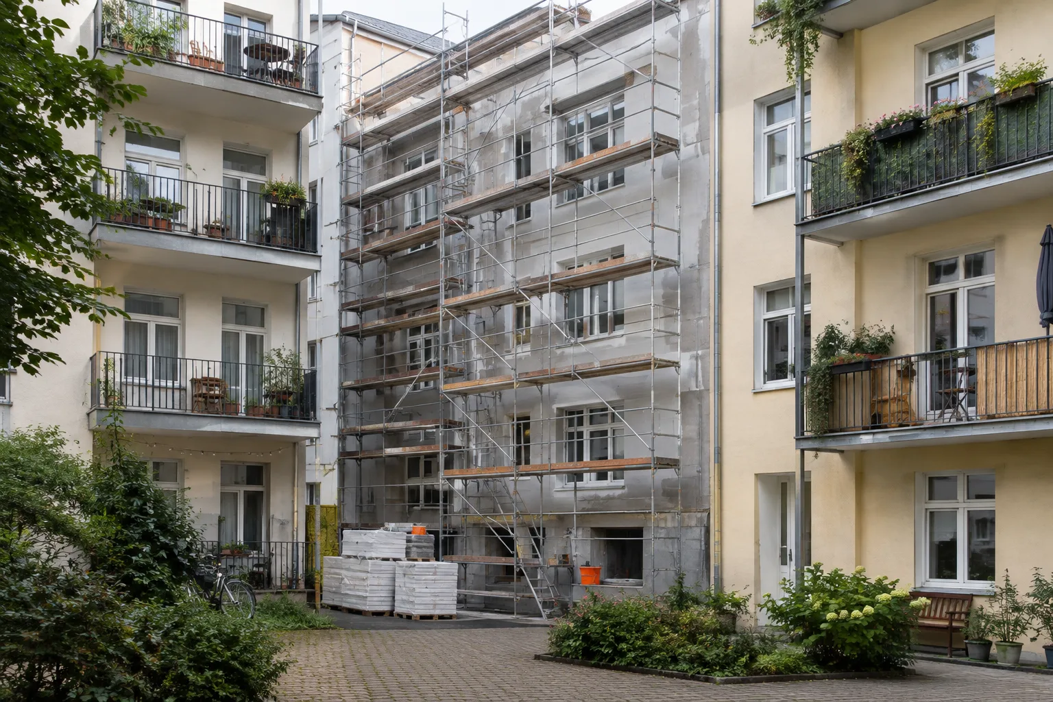 Façade d’un immeuble résidentiel en rénovation, visible depuis une cour commune.