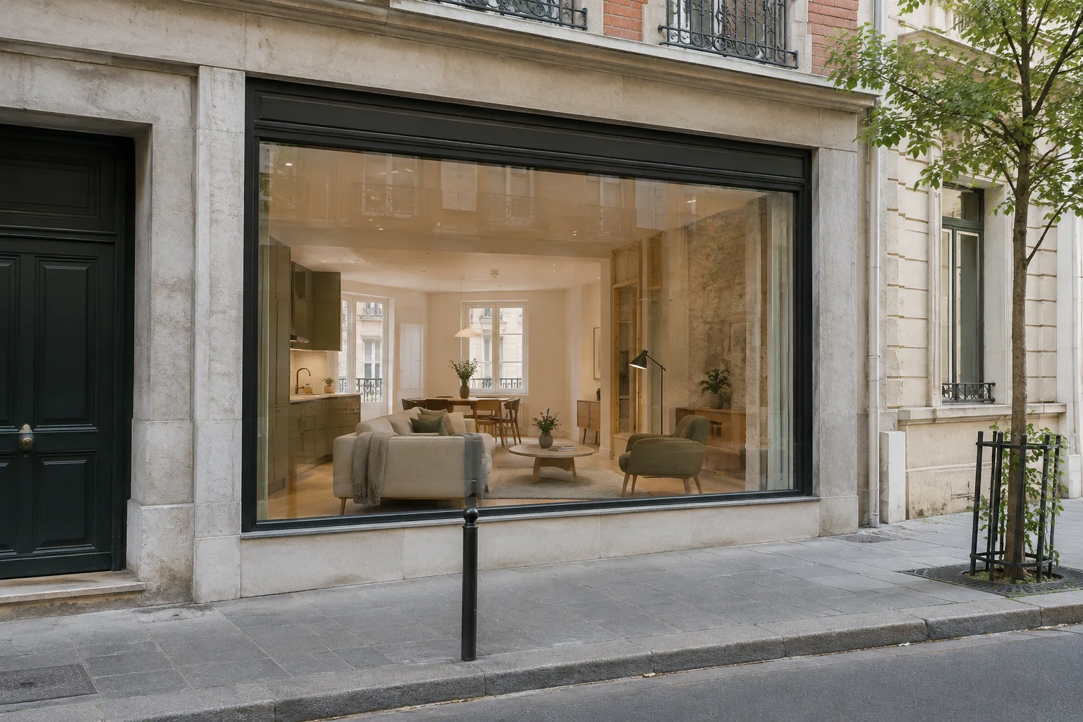 Un ancien local commercial réaménagé en logement, avec une pièce de vie visible depuis la rue.